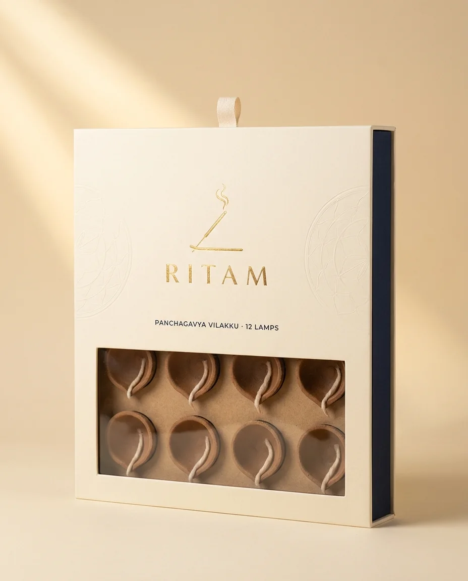 RITAM Panchagavya Vilakku gift box with transparent window showing twelve handcrafted lamps